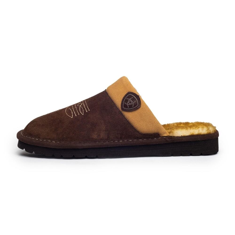 Ariat Mens Silversmith Western Suede Slippers Chocolate Brown Size 11 Faux Fur